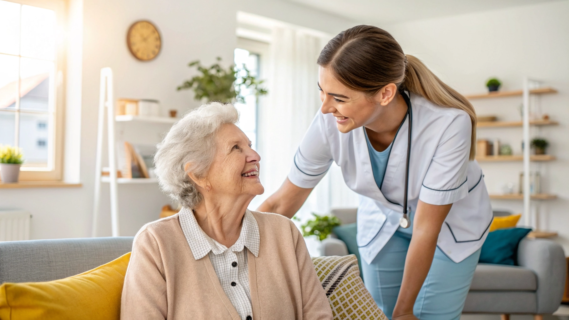 A compassionate support worker assisting an elderly person in a modern, sunlit living room.