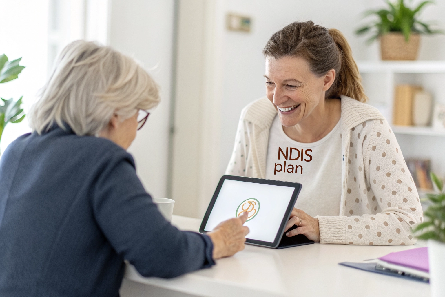 A support coordinator helping a participant with an NDIS plan on a tablet.